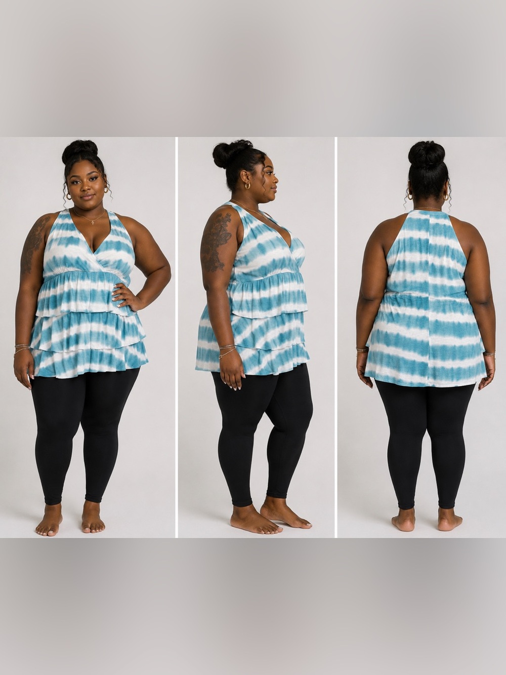 CAREN SPORT TIE-DYE TIERED RUFFLED TOP - TEAL SIZE 2XL (NEW WITH TAGS) A19